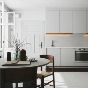 Interior of a Scandinavian style kitchen with dining table.