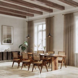 3D rendering of dining area in living room. Large and luxurious interiors of a house with six chair wooden dining table.